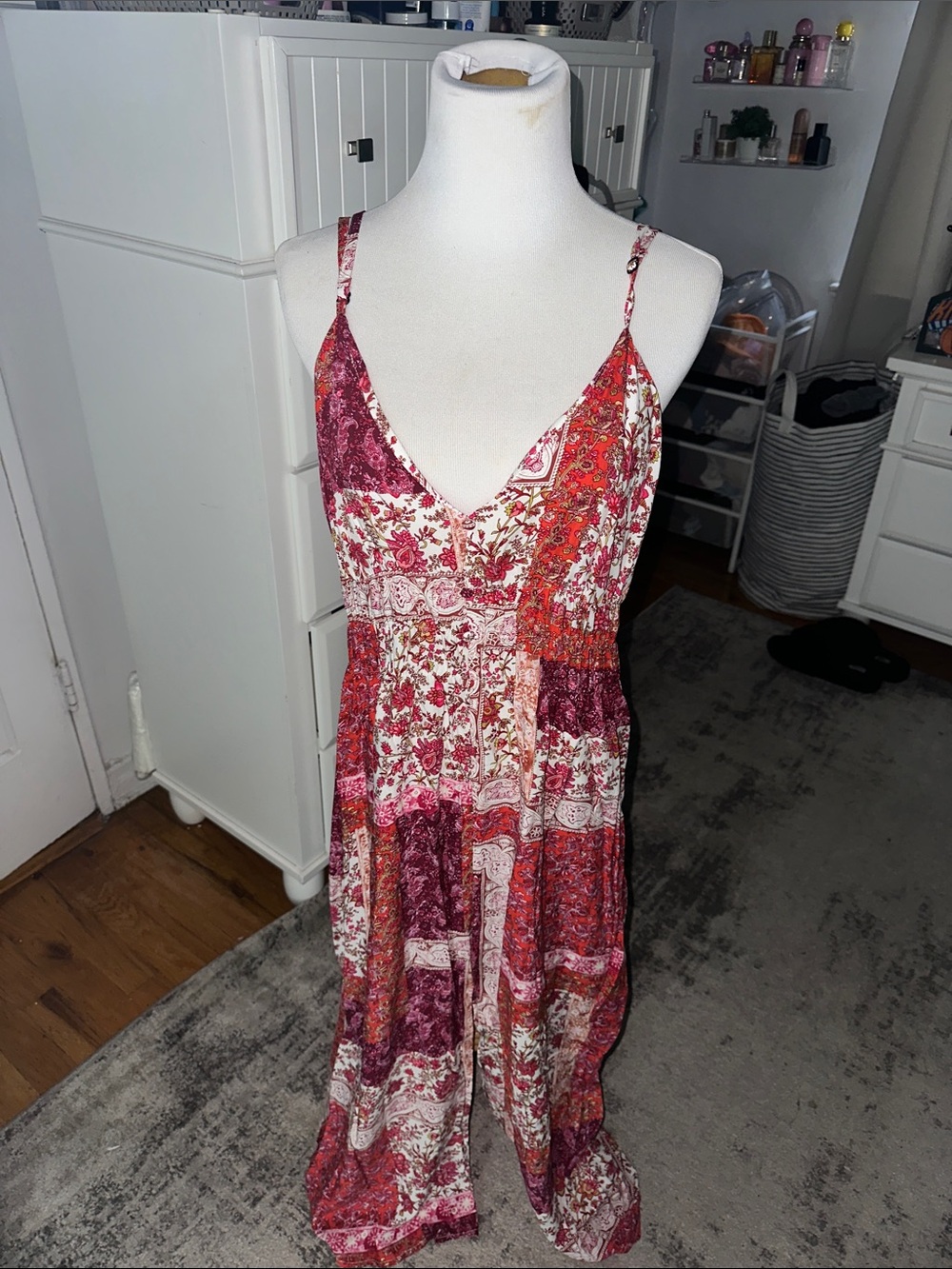 Cupshe Red & Pink Floral Patchwork Spaghetti-Strap Maxi Dress